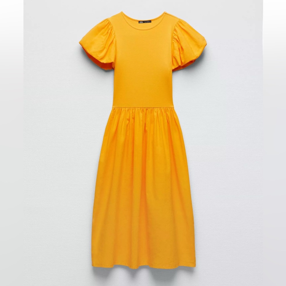 ZARA Vibrant Orange Puff Sleeve Multi-media Combination Knee Length Dress M - Picture 9 of 9